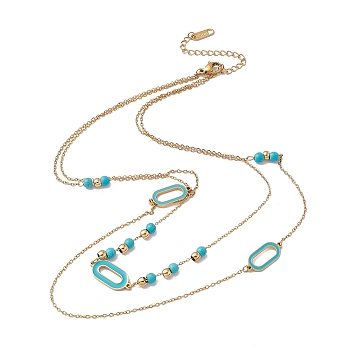 Enamel Charms Double Layer Necklace with Synthetic Turquoise Beaded, 304 Stainless Steel Cable Chains Bohemia Necklace for Women, Golden, Oval Pattern, Oval: 19.5x9x1.5mm, 16 inch(40.5cm)