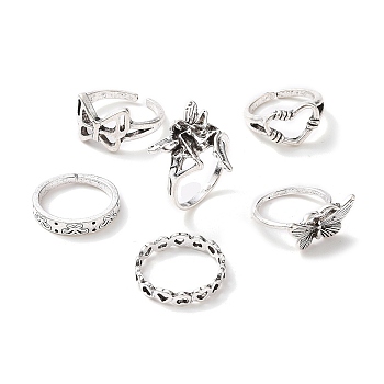 Tibetan Style Alloy Stackable Rings Set, Gothic Jewelry for Women, Antique Silver, Inner Diameter: 17~18.7mm, 6Pcs/set