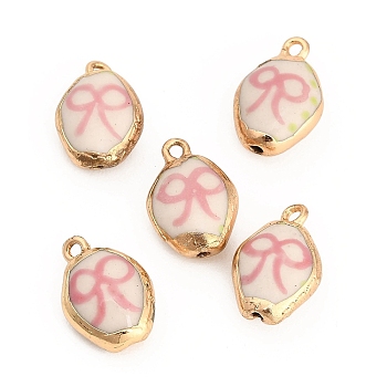 Printed Handmade Porcelain with Brass Pendants, Oval with Bowknot Charms, Golden, Pink, 18.5~19.5x13~13.5x8~8.5mm, Hole: 1.8mm
