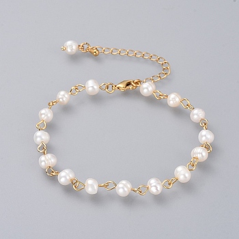 Beaded Bracelets, with Grade A Natural Freshwater Pearl Beads and Brass Extension Chains, Golden, 188mm