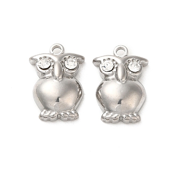 304 Stainless Steel Pendants, with Rhinestone, Owl Charms, Crystal, 15.5x10.5x4mm, Hole: 1.6mm