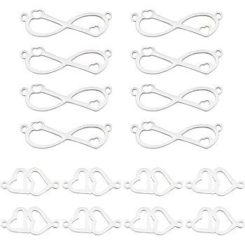 20Pcs 2 Styles 201 Stainless Steel Connector Charms, Laser Cut Links, Infinity & Heart, Stainless Steel Color, 8.5~19x9.5~28x1mm, Hole: 1.4mm, 10pcs/style