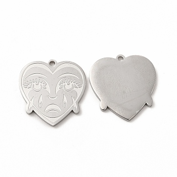 304 Stainless Steel Pendants, Crying Face Heart Charms, Stainless Steel Color, 20x19x1.4mm, Hole: 1.5mm
