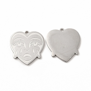 Non-Tarnish 304 Stainless Steel Pendants, Crying Face Heart Charms, Stainless Steel Color, 20x19x1.4mm, Hole: 1.5mm