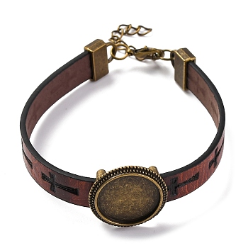 Hollow Cross PU Leather Bracelet Making, with Flat Round Alloy Tray Settings, Antique Bronze, Coconut Brown, 7-7/8 inch(20cm), 10.5mm, Tray: 18mm