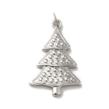 304 Stainless Steel Pendants, with Jump Ring, Christmas Tree Charm, Stainless Steel Color, 28x18x3mm, Hole: 4mm
