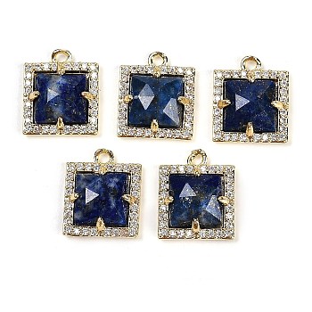 Natural Lapis Lazuli Faceted Square Charms, Rack Plating Brass Micro Pave Clear Cubic Zirconia Charms, Golden, 13.5x11.5x4.5mm, Hole: 1.4mm