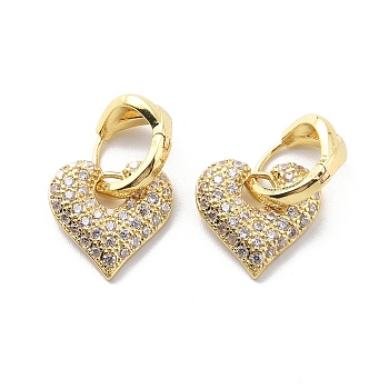 Clear Cubic Zirconia Heart Dangle Hoop Earrings, Brass Jewelry for Women, Real 18K Gold Plated, 22mm, Pin: 0.7mm