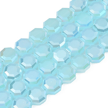 Electroplate Glass Beads Strands, Imitation Jade Beads, AB Color Plated, Faceted, Octagon, Sky Blue, 7~8x7~8x4mm, Hole: 1.2mm, about 72pcs/strand, 20.47 inch(52cm)