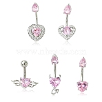 5Pcs 5 Styles Heart Teardrop 304 Stainless Steel Pearl Pink Cubic Zirconia Curved Barbell Belly Rings, Stainless Steel Color, 25.5~31x9~18.5mm, 1pc/style(AJEW-CJ0001-58)