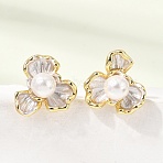 Brass Enamel Stud Earrings, Flower, with ABS Plastic Pearl, Cadmium Free & Lead Free, Rack Plating, Long-Lasting Plated, Golden, 14.5x16mm(KK-CBAB173-02D-G)