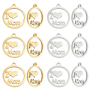 Unicraftale 12Pcs 2 Colors Mother's Day Theme, 201 Stainless Steel Pendants, Laser Cut Pendants, Flat Round with Word I Love Mom, Golden & Stainless Steel Color, 17.5x15.5x1mm, Hole: 1.4mm, 6pcs/style(STAS-UN0031-88)