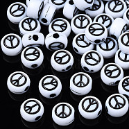Opaque Acrylic Beads, Flat Round with Peace Sign, White, 7x4mm, Hole: 1.8mm, about 3677pcs/500g(SACR-S273-49)
