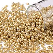 8/0 Glass Seed Beads, Metallic Colours Style, Round, Gold, 8/0, 3mm, Hole: 1mm, about 10000pcs/pound(SEED-A017-3mm-1107)