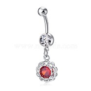 Piercing Jewelry, Brass Cubic Zirconia Navel Ring, Belly Rings, Lead Free & Cadmium Free, Flower, Platinum, Red, 42x9.5mm(AJEW-EE0006-20A)