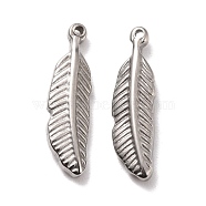 304 Stainless Steel Pendants, Feather, Stainless Steel Color, 20x5.5x3mm, Hole: 1mm(STAS-B024-39P)