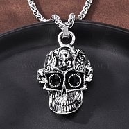 Skull Zinc Alloy Jet Rhinestone Pendant Necklaces, 304 Stainless Steel Wheat Chain Necklaces for Men, Antique Silver & Stainless Steel Color, 24.29 inch(61.7cm)(NJEW-Z062-02AS)