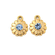 304 Stainless Steel Pendants, with Rhinestone, Flower Charms, Real 14K Gold Plated, Light Sapphire, 11x9x3mm, Hole: 1.5mm(STAS-L080-003G-04)