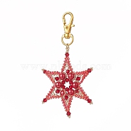 Handmade Loom Pattern Seed Beaded Pendant Decorations, with Glass Pearl Round Beads and Alloy Swivel Lobster Claw Clasps, Star, Red, 100mm(HJEW-MZ00005-01)
