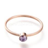 304 Stainless Steel Finger Rings, with Rhinestone, Flat Round, Rose Gold, Violet, US Size 7~7 3/4(17.3~17.9mm)(RJEW-B0005-7-05RG)