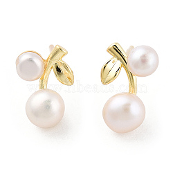 Natural Pearl Cherry Stud Earrings with 925 Sterling Silver Pins, Brass Jewelry for Women, Real 14K Gold Plated, 13x8x5.5mm, Pin: 0.9mm(EJEW-T019-03G)