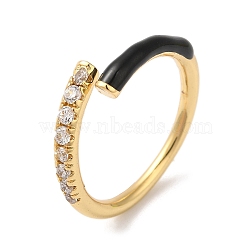 Rack Plating Brass Cubic Zirconia Open Cuff Rings for Women, with Enamel, Cadmium Free & Lead Free, Black, Inner Diameter: 17mm(RJEW-S407-04E)