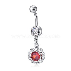 Piercing Jewelry, Brass Cubic Zirconia Navel Ring, Navel Ring Belly Rings, with 304 Stainless Steel Bar, Lead Free & Cadmium Free, Flower, Platinum, Red, 42x9.5mm, Bar Length: 3/8"(10mm), Bar: 14 Gauge(1.6mm)(AJEW-EE0006-20A)