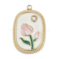 304 Stainless Steel Enamel Pendants, with Rhinestone, Oval with Flower Charm, Real 18K Gold Plated, Ion Plating(IP), White, 23x15x3mm, Hole: 1.5mm(STAS-I325-001G)