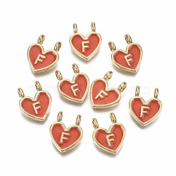 Alloy Enamel Charms, Cadmium Free & Lead Free, Heart with Initial Letters, Light Gold, Orange Red, Letter.F, 14.5x11.5x4.5mm, Hole: 2mm(X-ENAM-T012-02F-RS)