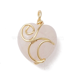 Natural Rose Quartz Copper Wire Wrapped Pendants, Faceted Heart Charms with Moon, Golden, 20~21x15x9~10mm, Hole: 2.2~2.5mm(PALLOY-JF02599-02)