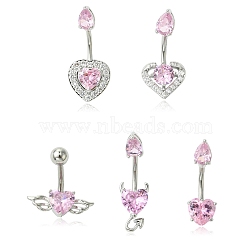 5Pcs 5 Styles Heart Teardrop 304 Stainless Steel Pearl Pink Cubic Zirconia Curved Barbell Belly Rings, Stainless Steel Color, 25.5~31x9~18.5mm, 1pc/style(AJEW-CJ0001-58)