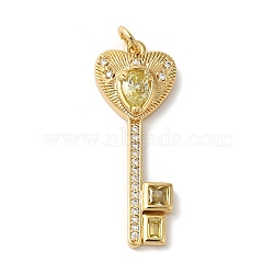 Rack Plating Brass Micro Pave Cubic Zirconia Pendants, with Glass Crystal, Long-Lasting Plated, Lead Free & Cadmium Free, with Jump Ring, Key, Light Goldenrod Yellow, 32x12x4.5mm, Hole: 3mm(KK-U022-16A-02)