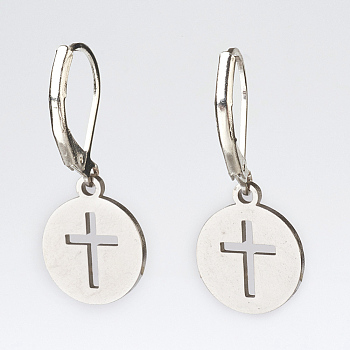 304 Stainless Steel Dangle Earrings, with Brass Leverback Earring Findings, Flat Round with Cross, Platinum & Stainless Steel Color, 29mm, Pin: 0.5mm, Charms: 14x12x1mm
