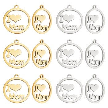 Unicraftale 12Pcs 2 Colors Mother's Day Theme, 201 Stainless Steel Pendants, Laser Cut Pendants, Flat Round with Word I Love Mom, Golden & Stainless Steel Color, 17.5x15.5x1mm, Hole: 1.4mm, 6pcs/style