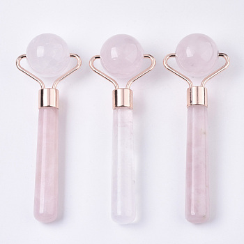 Natural Rose Quartz Mini Eye Roller Massage Tool Skin Care, with Rose Gold Plated Brass Findings, 100~105x35~38x25mm