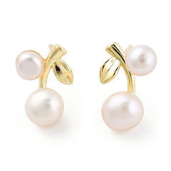 Natural Pearl Cherry Stud Earrings with 925 Sterling Silver Pins, Brass Jewelry for Women, Real 14K Gold Plated, 13x8x5.5mm, Pin: 0.9mm