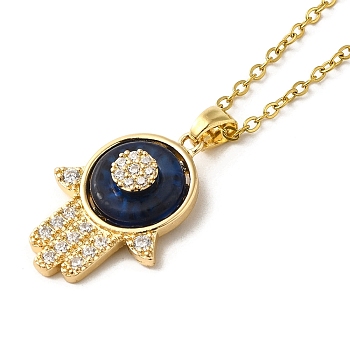 Brass Rhinestone and Glass Pendants Necklaes, Stainless Steel Necklaces, Hamsa Hand, Golden, 16.22 inch(41.2cm)