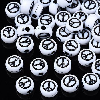 Opaque Acrylic Beads, Flat Round with Peace Sign, White, 7x4mm, Hole: 1.8mm, about 3677pcs/500g