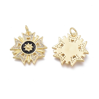Brass Micro Pave Clear Cubic Zirconia Pendants, with Enamel & Jump Rings, Long-Lasting Plated, Flower, Real 18K Gold Plated, 23x23x2.7mm, Hole: 4.5mm, Jump Ring: 6x0.7mm, Hole: 4.5mm