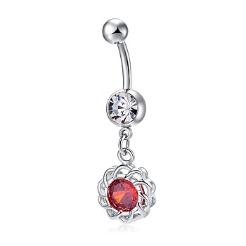 Piercing Jewelry, Brass Cubic Zirconia Navel Ring, Navel Ring Belly Rings, with 304 Stainless Steel Bar, Lead Free & Cadmium Free, Flower, Platinum, Red, 42x9.5mm, Bar Length: 3/8"(10mm), Bar: 14 Gauge(1.6mm)