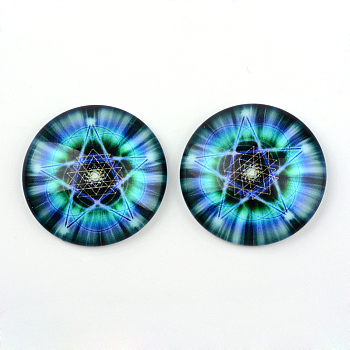 Glass Cabochons, Half Round/Dome, Kaleidoscope Pattern, Teal, 12x4mm