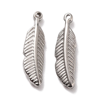 304 Stainless Steel Pendants, Feather, Stainless Steel Color, 20x5.5x3mm, Hole: 1mm