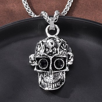 Skull Zinc Alloy Jet Rhinestone Pendant Necklaces, 304 Stainless Steel Wheat Chain Necklaces for Men, Antique Silver & Stainless Steel Color, 24.29 inch(61.7cm)