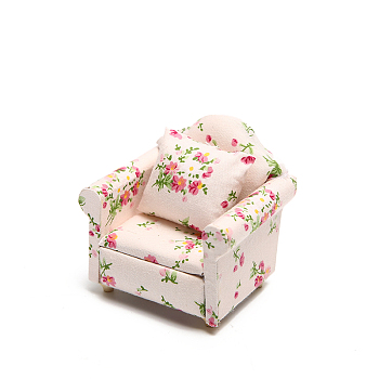 Single Seat Mini Wood Sofa, with Flower Pattern Cotton Cloth Cover & Pillow, Dollhouse Furniture Accessories, for Miniature Living Room, Pink, 64x82x72mm