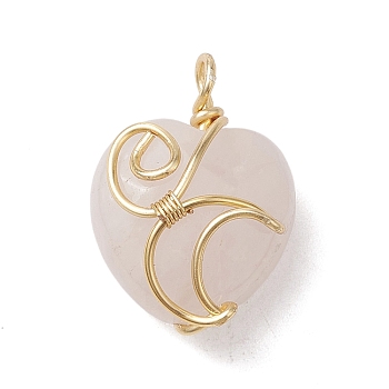 Natural Rose Quartz Copper Wire Wrapped Pendants, Faceted Heart Charms with Moon, Golden, 20~21x15x9~10mm, Hole: 2.2~2.5mm