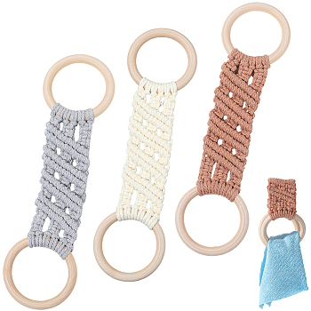 3Pcs 3 Colors Cotton Thread Weave Towel Rack, with Wood Ring Hook Hangers, Mixed Color, 280x78x10mm, 1pc/color