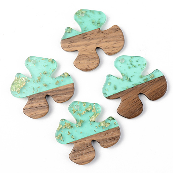 Transparent Resin & Walnut Wood Pendants, with Gold Foil, Flower, Pale Turquoise, 28x28x3mm, Hole: 2mm
