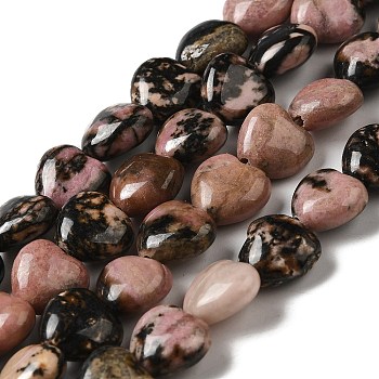 Natural Rhodonite Beads Strands, Heart, 10x10.5~11x5mm, Hole: 1.2mm, about 40pcs/strand, 15.35''(39cm)