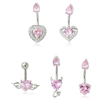 5Pcs 5 Styles Heart Teardrop 304 Stainless Steel Pearl Pink Cubic Zirconia Curved Barbell Belly Rings, Stainless Steel Color, 25.5~31x9~18.5mm, 1pc/style