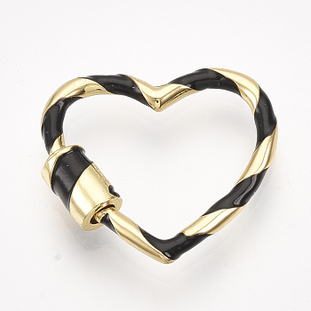 Brass Screw Carabiner Lock Charms, for Necklaces Making, with Enamel, Heart, Golden, Black, 23x25x2.5~5mm